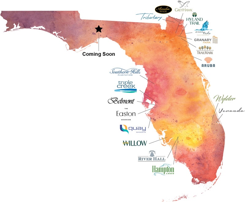 Florida map of GreenPointe Developers projects throughout the state